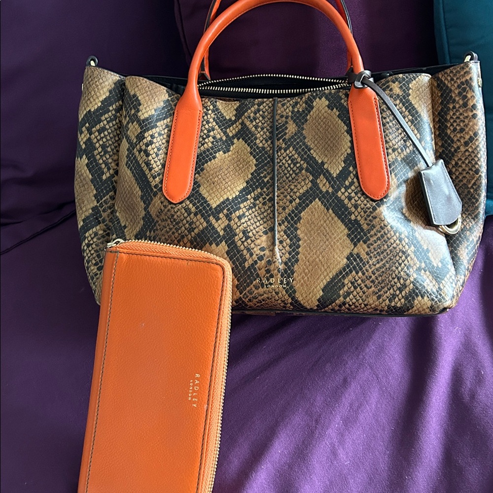 Radley London Chic Snakeskin Tote with Orange Accents.  Matching wallet